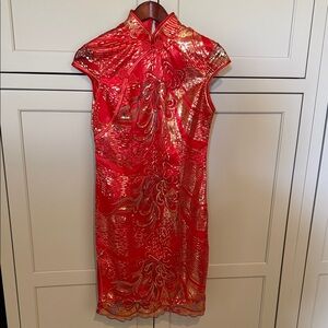 Red Metallic Brocade Mandarin Collar Midi Dress